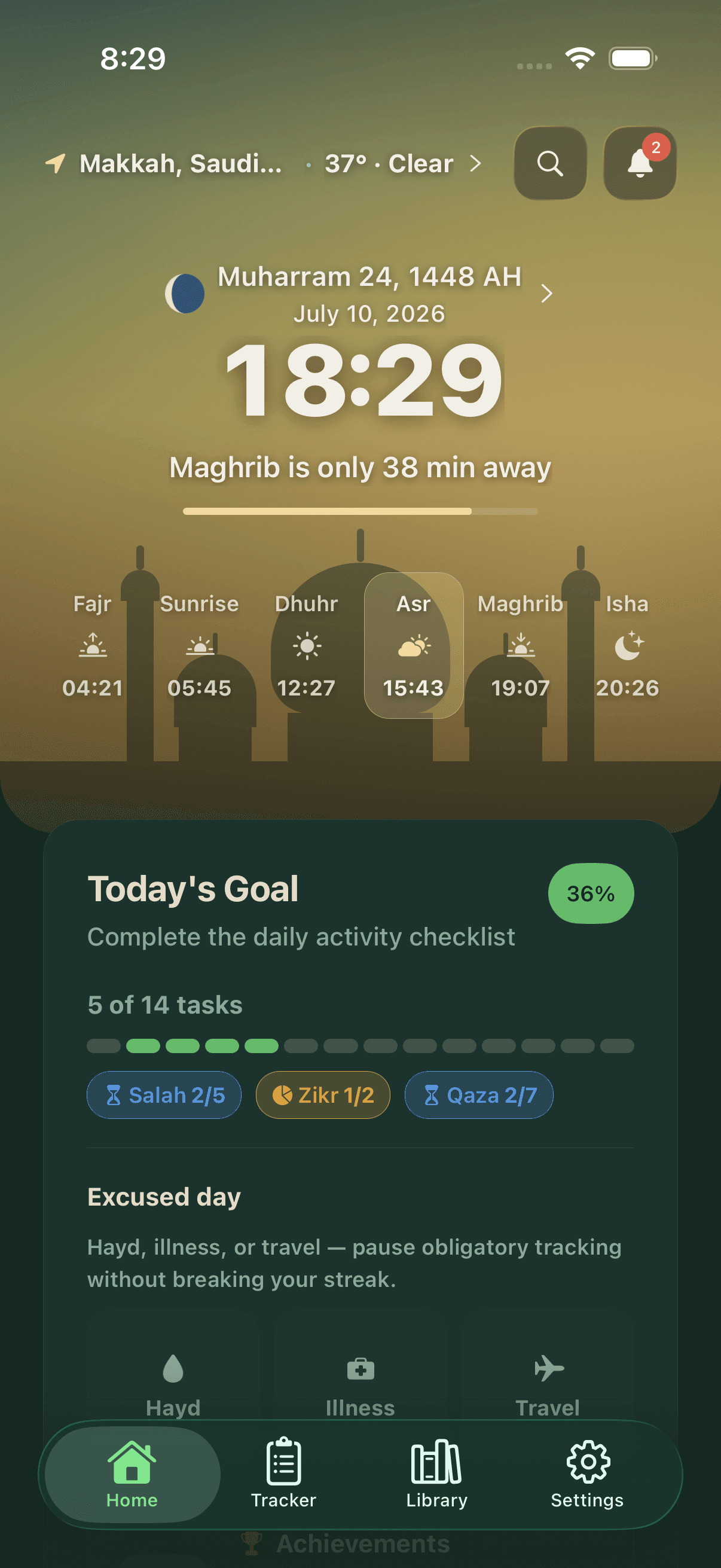 Munib Tracker home screen: today's prayer times, the Hijri date, and a daily activity checklist.